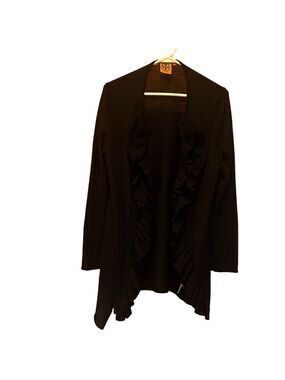 Tory Burch Black Open Front Merino Wool Cardigan with Double Ruffle Size Medium